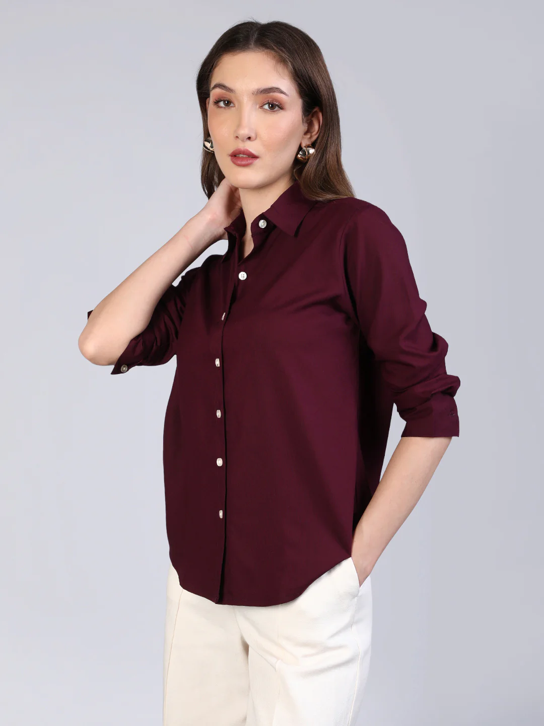 Women's Maroon Modal Viscose Full Sleeve Regular Fit Casual Solid Shirt with Regular Collar - Image 3