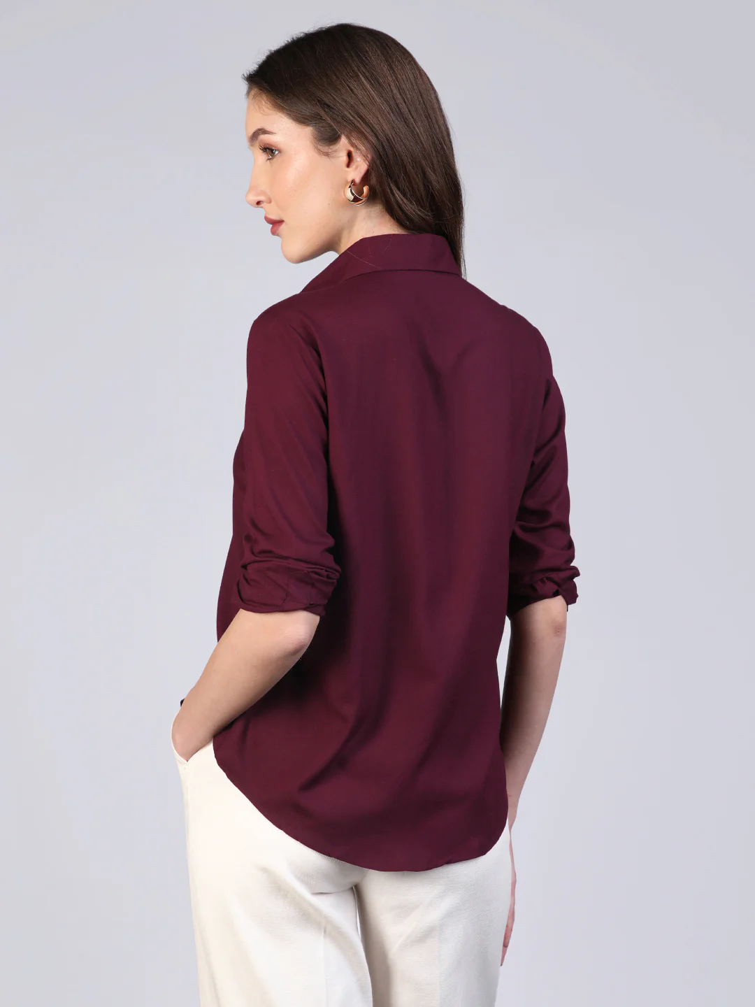 Women's Maroon Modal Viscose Full Sleeve Regular Fit Casual Solid Shirt with Regular Collar - Image 4