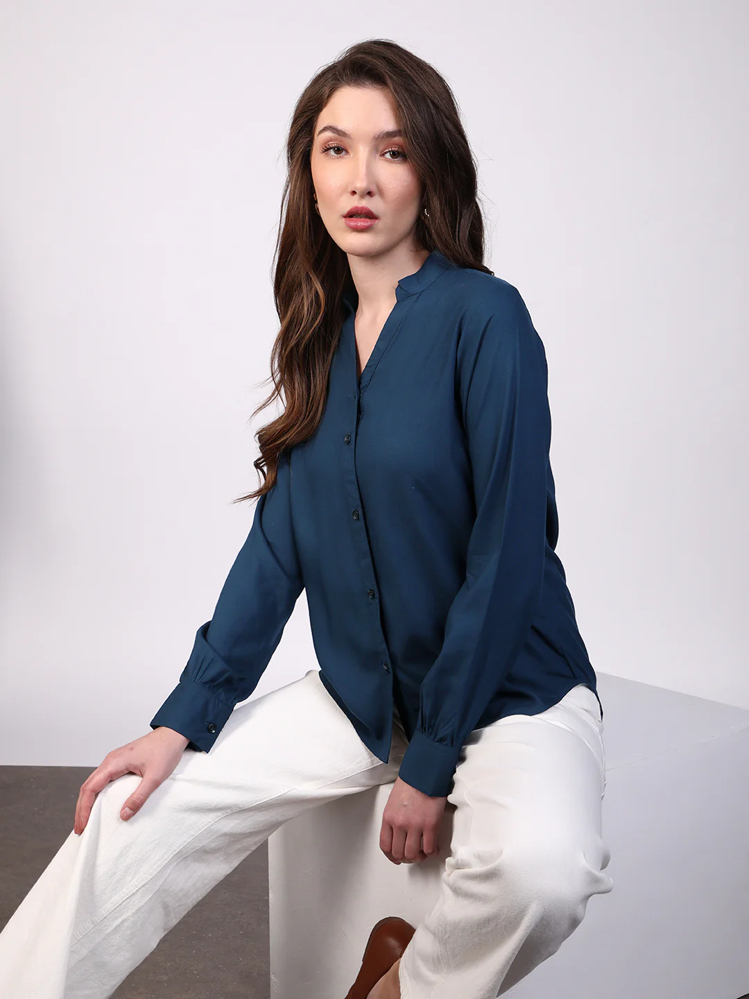 Women's Midnight Blue Modal Viscose Full Sleeve Regular Fit Casual Solid Shirt with Mandarin Collar - Image 2
