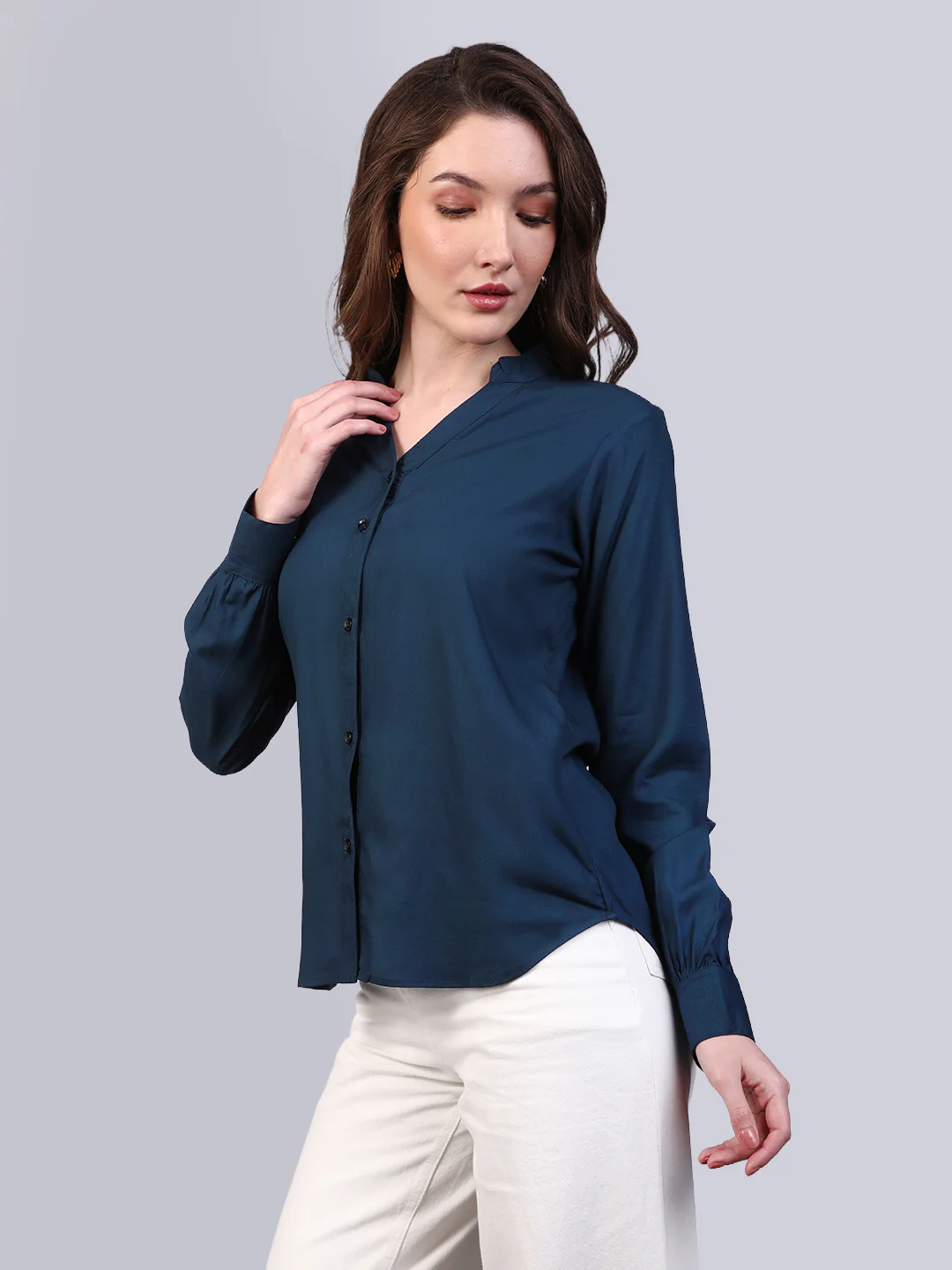 Women's Midnight Blue Modal Viscose Full Sleeve Regular Fit Casual Solid Shirt with Mandarin Collar - Image 3