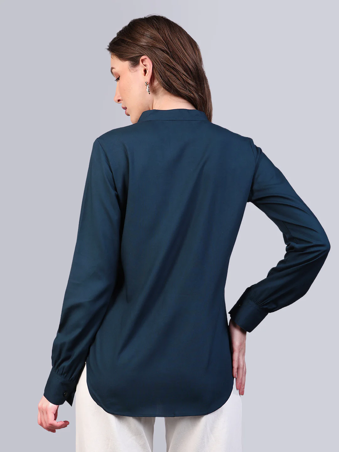Women's Midnight Blue Modal Viscose Full Sleeve Regular Fit Casual Solid Shirt with Mandarin Collar - Image 4