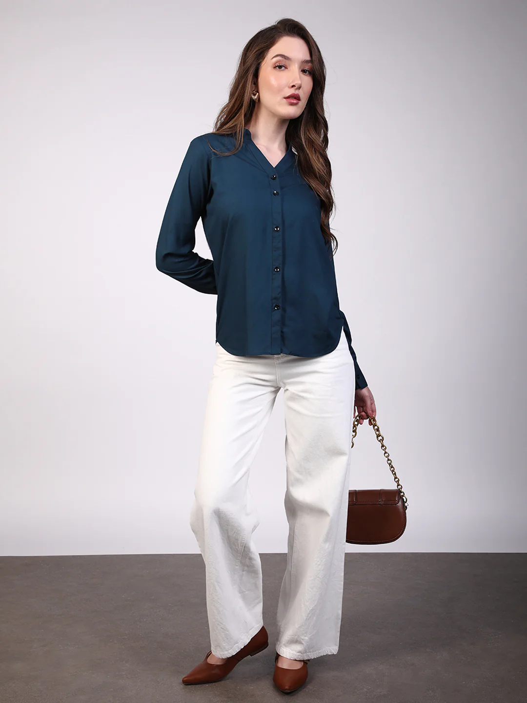 Women's Midnight Blue Modal Viscose Full Sleeve Regular Fit Casual Solid Shirt with Mandarin Collar - Image 5