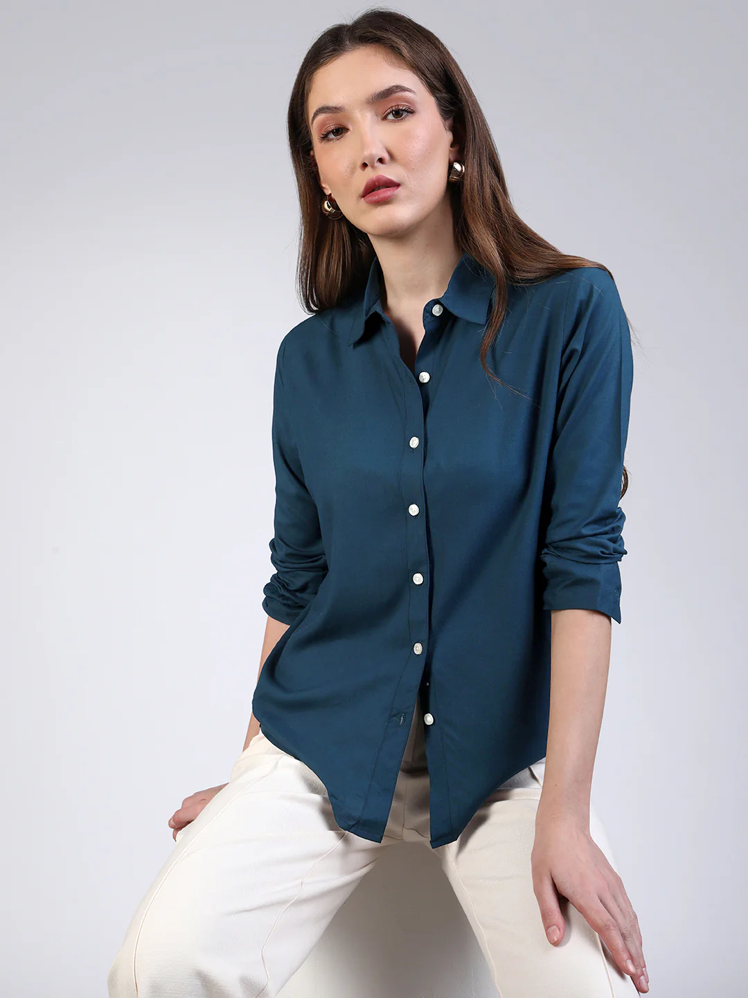 Women's Midnight Blue Modal Viscose Full Sleeve Regular Fit Casual Solid Shirt with Regular Collar - Image 2