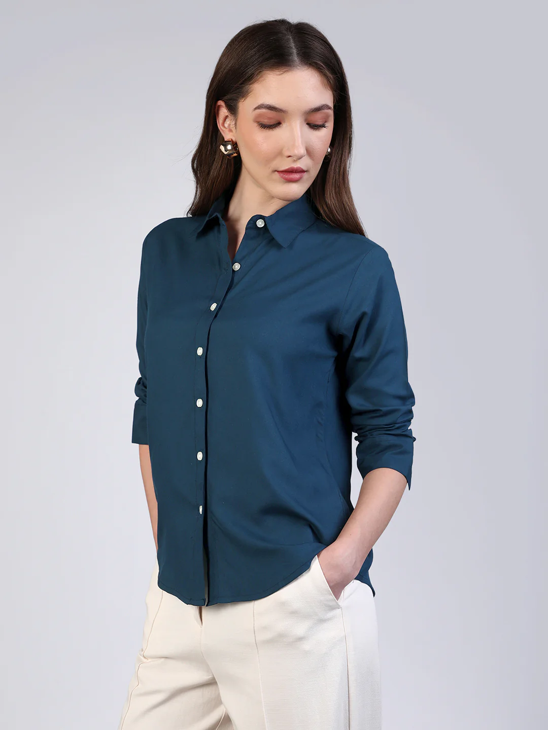 Women's Midnight Blue Modal Viscose Full Sleeve Regular Fit Casual Solid Shirt with Regular Collar - Image 3