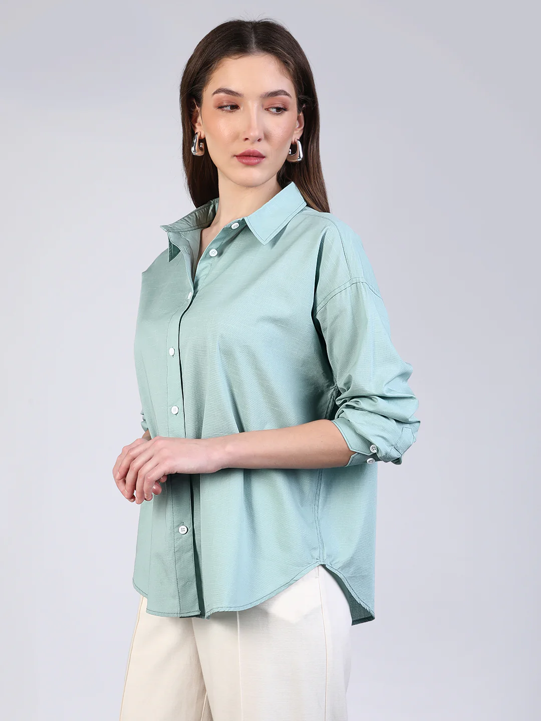 Women's Mint Cotton Full Sleeve Oversized Fit Casual Solid Slub Shirt with Spread Collar - Image 3