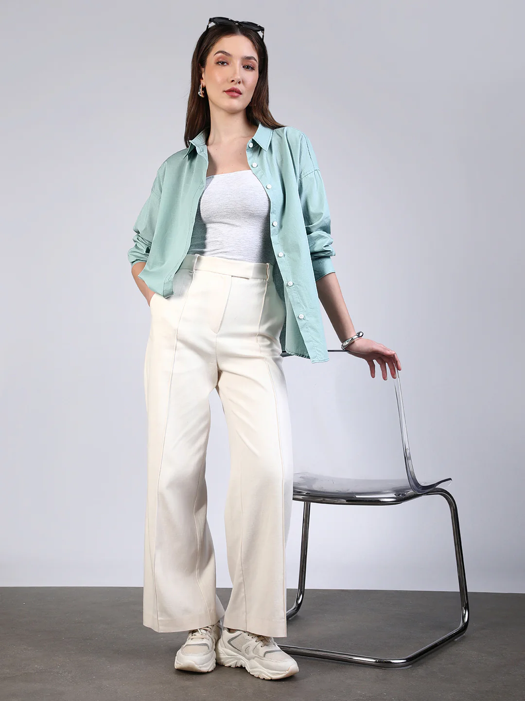 Women's Mint Cotton Full Sleeve Oversized Fit Casual Solid Slub Shirt with Spread Collar - Image 5