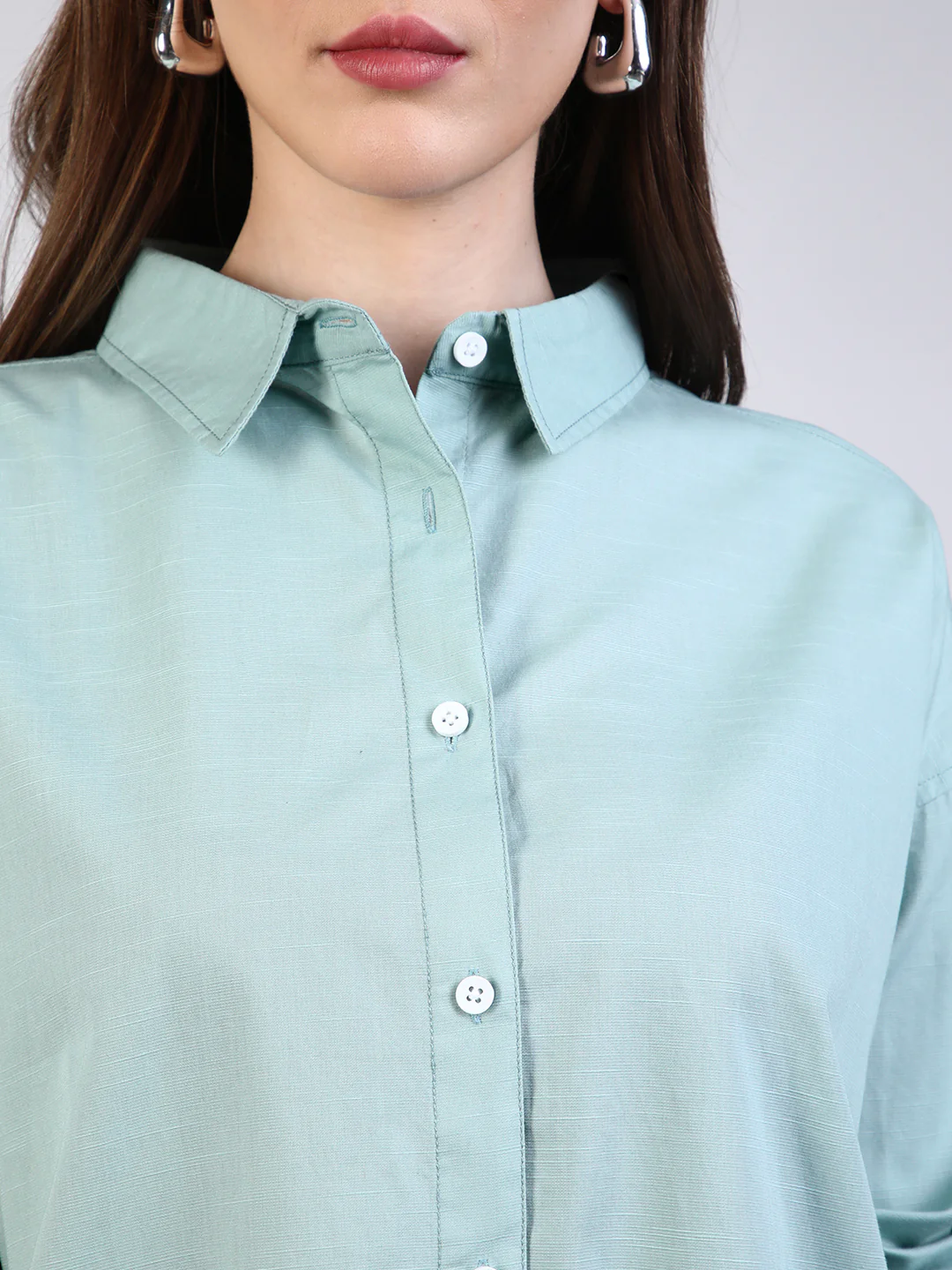 Women's Mint Cotton Full Sleeve Oversized Fit Casual Solid Slub Shirt with Spread Collar - Image 6