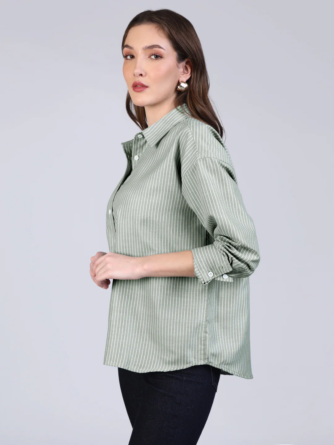 Women's Mint Cotton Full Sleeve Oversized Fit Casual Striped Shirt with Spread Collar - Image 3
