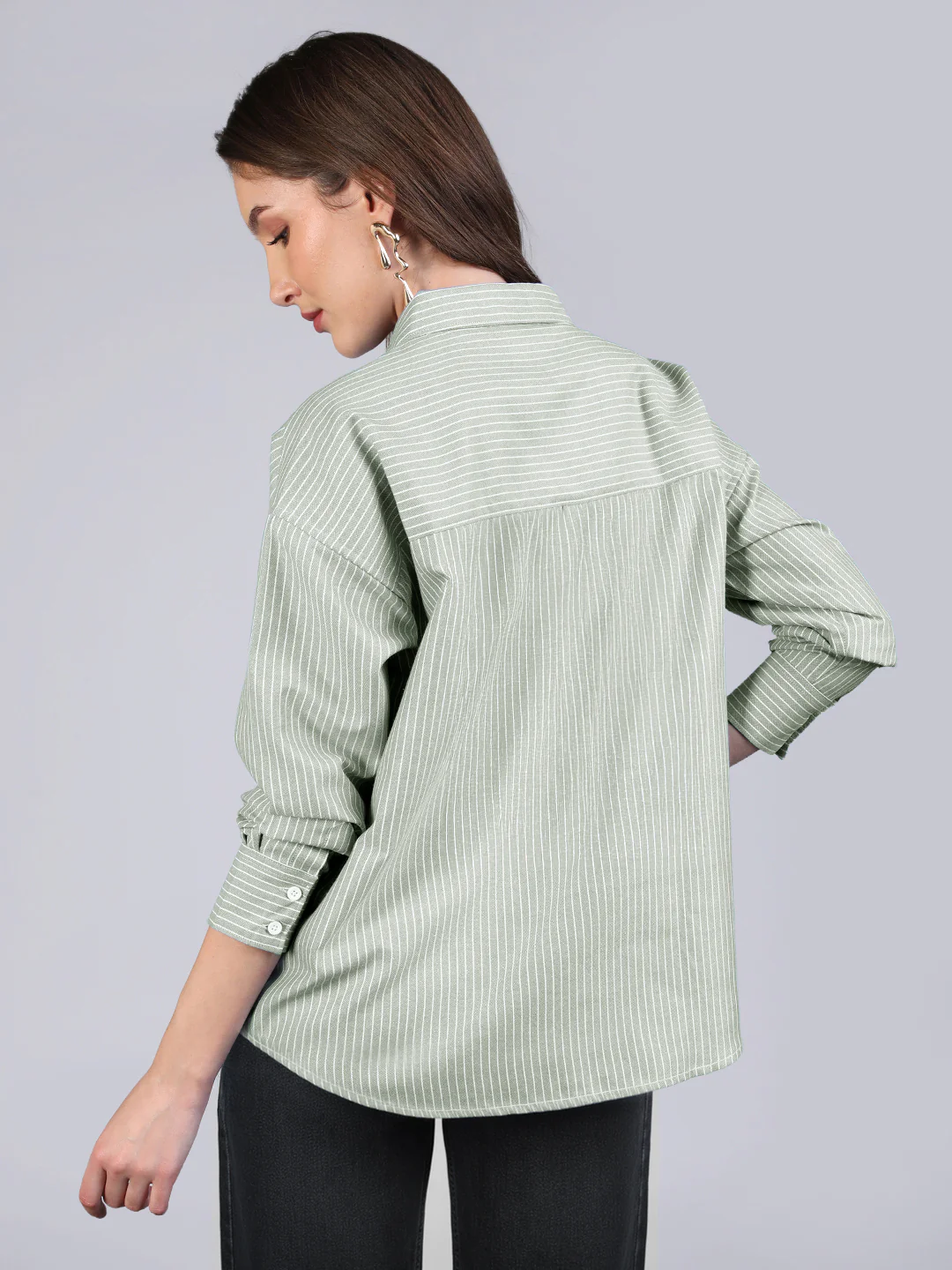Women's Mint Cotton Full Sleeve Oversized Fit Casual Striped Shirt with Spread Collar - Image 4