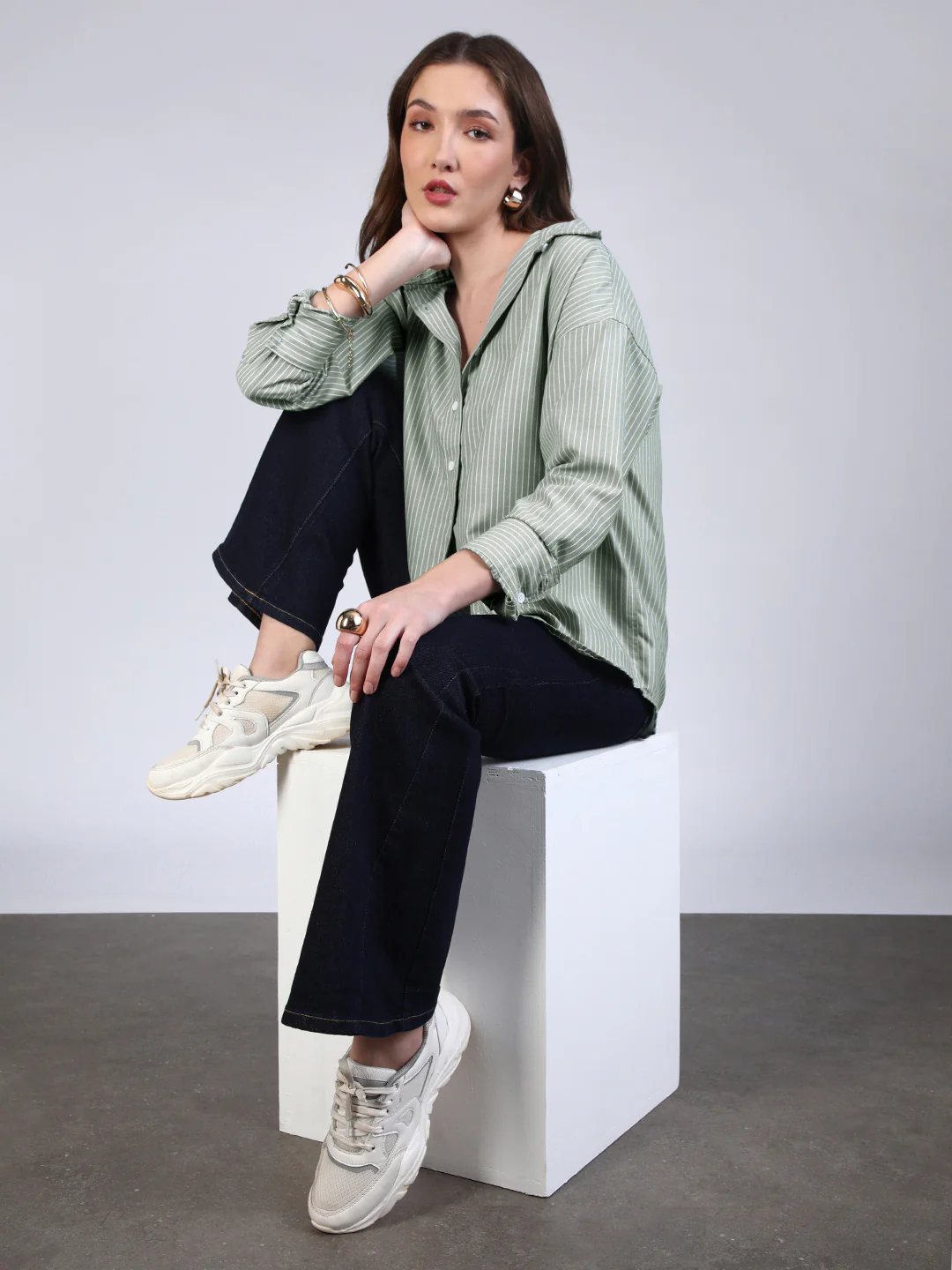 Women's Mint Cotton Full Sleeve Oversized Fit Casual Striped Shirt with Spread Collar - Image 5