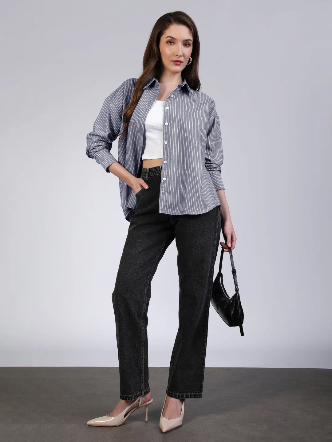 Women's Navy Cotton Full Sleeve Oversized Fit Casual Striped Shirt with Spread Collar - Image 5