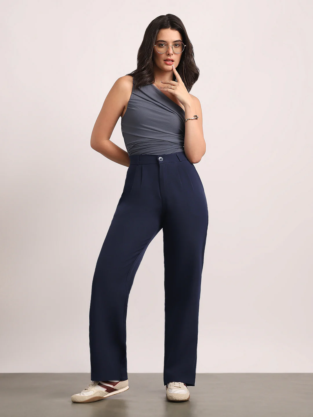Women's Navy Loose Baggy Fit Solid Korean Pants Stretchable - Image 4