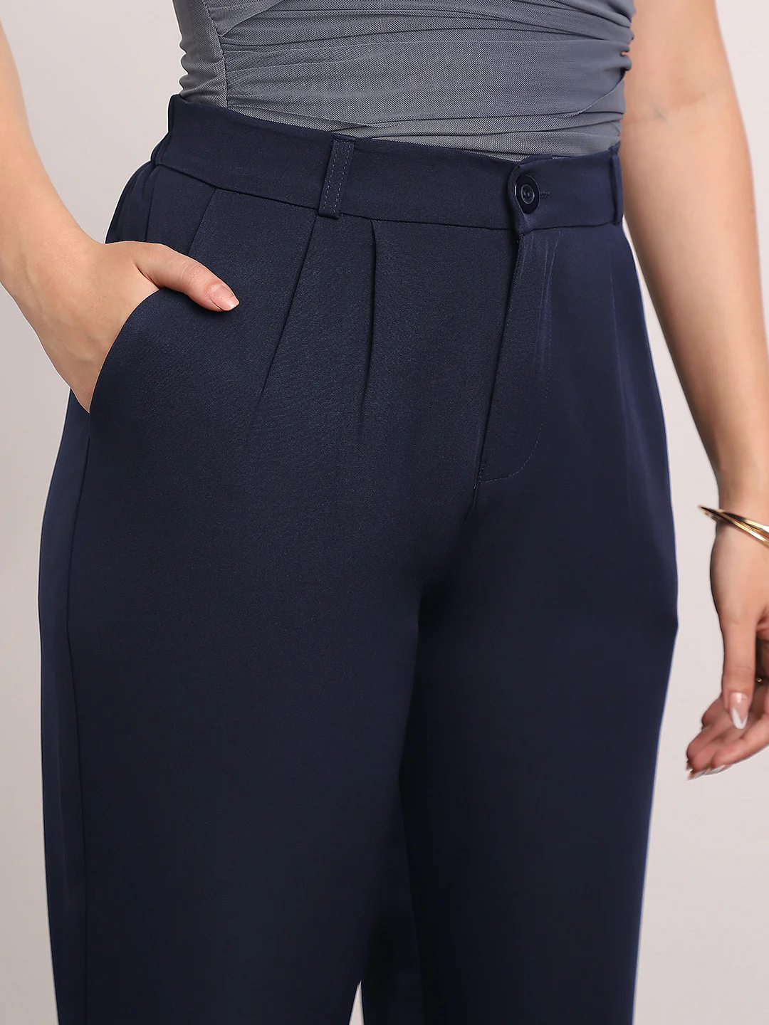 Women's Navy Loose Baggy Fit Solid Korean Pants Stretchable - Image 5