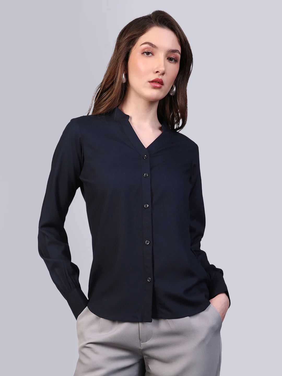 Women's Navy Modal Viscose Full Sleeve Regular Fit Casual Solid Shirt with Mandarin Collar - Image 2