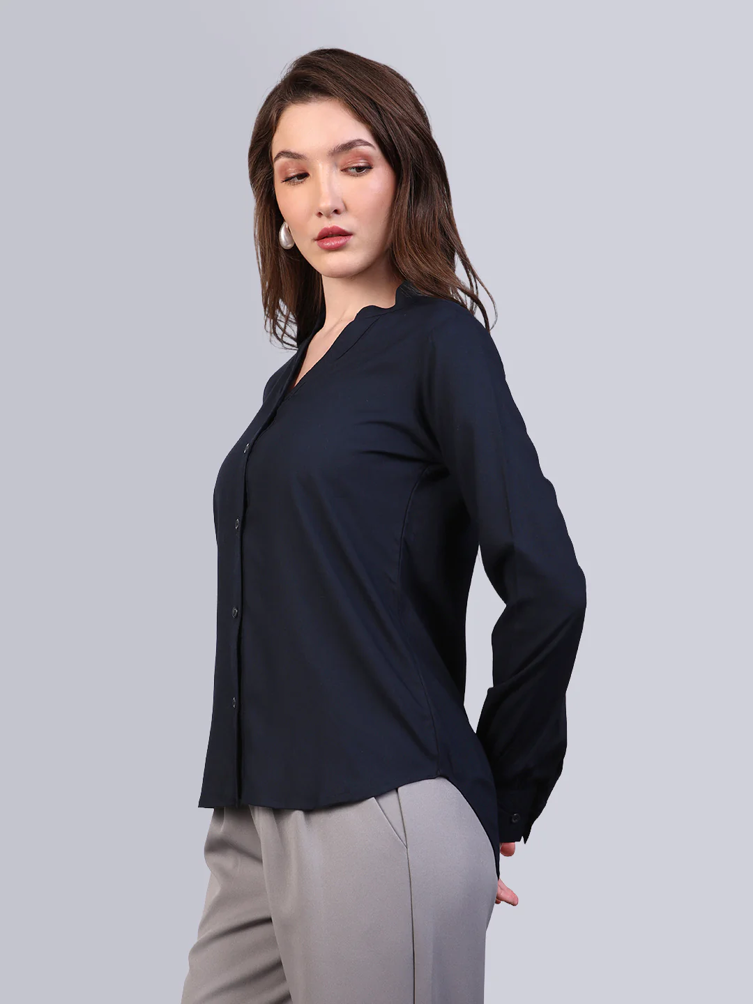Women's Navy Modal Viscose Full Sleeve Regular Fit Casual Solid Shirt with Mandarin Collar - Image 3