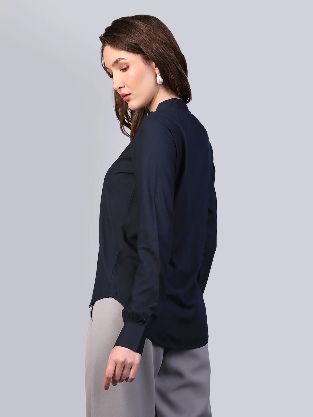 Women's Navy Modal Viscose Full Sleeve Regular Fit Casual Solid Shirt with Mandarin Collar - Image 4