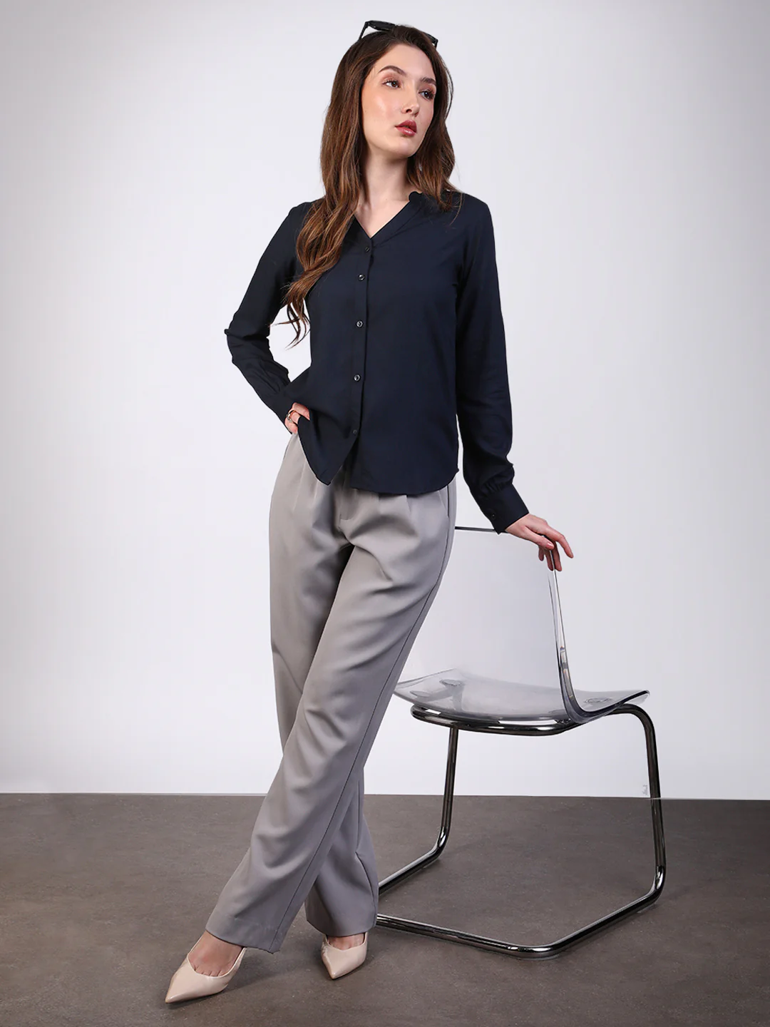 Women's Navy Modal Viscose Full Sleeve Regular Fit Casual Solid Shirt with Mandarin Collar - Image 5