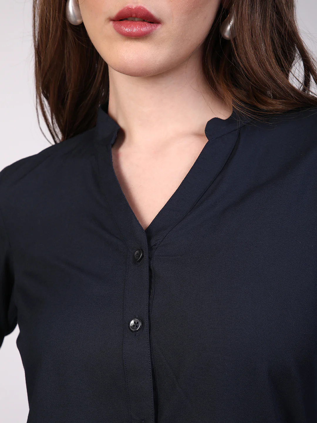 Women's Navy Modal Viscose Full Sleeve Regular Fit Casual Solid Shirt with Mandarin Collar - Image 6