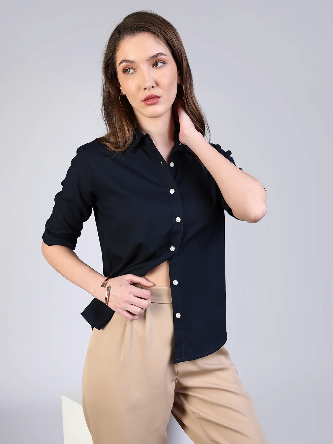 Women's Navy Modal Viscose Full Sleeve Regular Fit Casual Solid Shirt with Regular Collar - Image 2