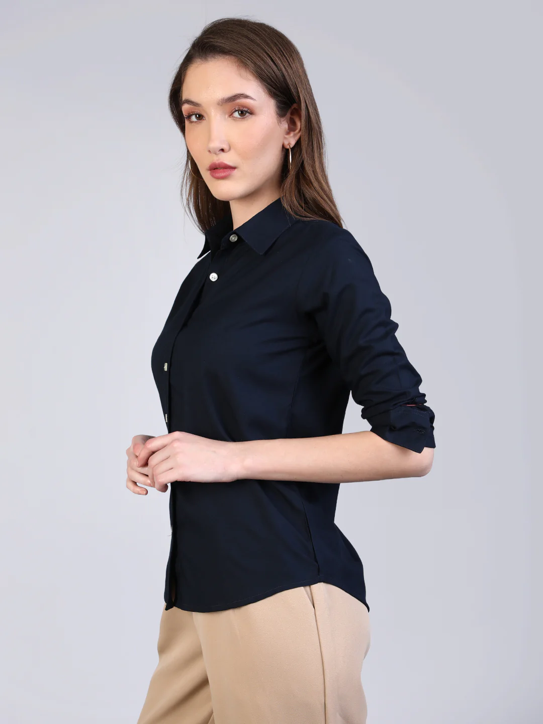Women's Navy Modal Viscose Full Sleeve Regular Fit Casual Solid Shirt with Regular Collar - Image 3