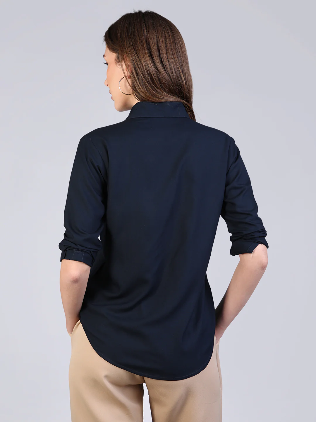 Women's Navy Modal Viscose Full Sleeve Regular Fit Casual Solid Shirt with Regular Collar - Image 4