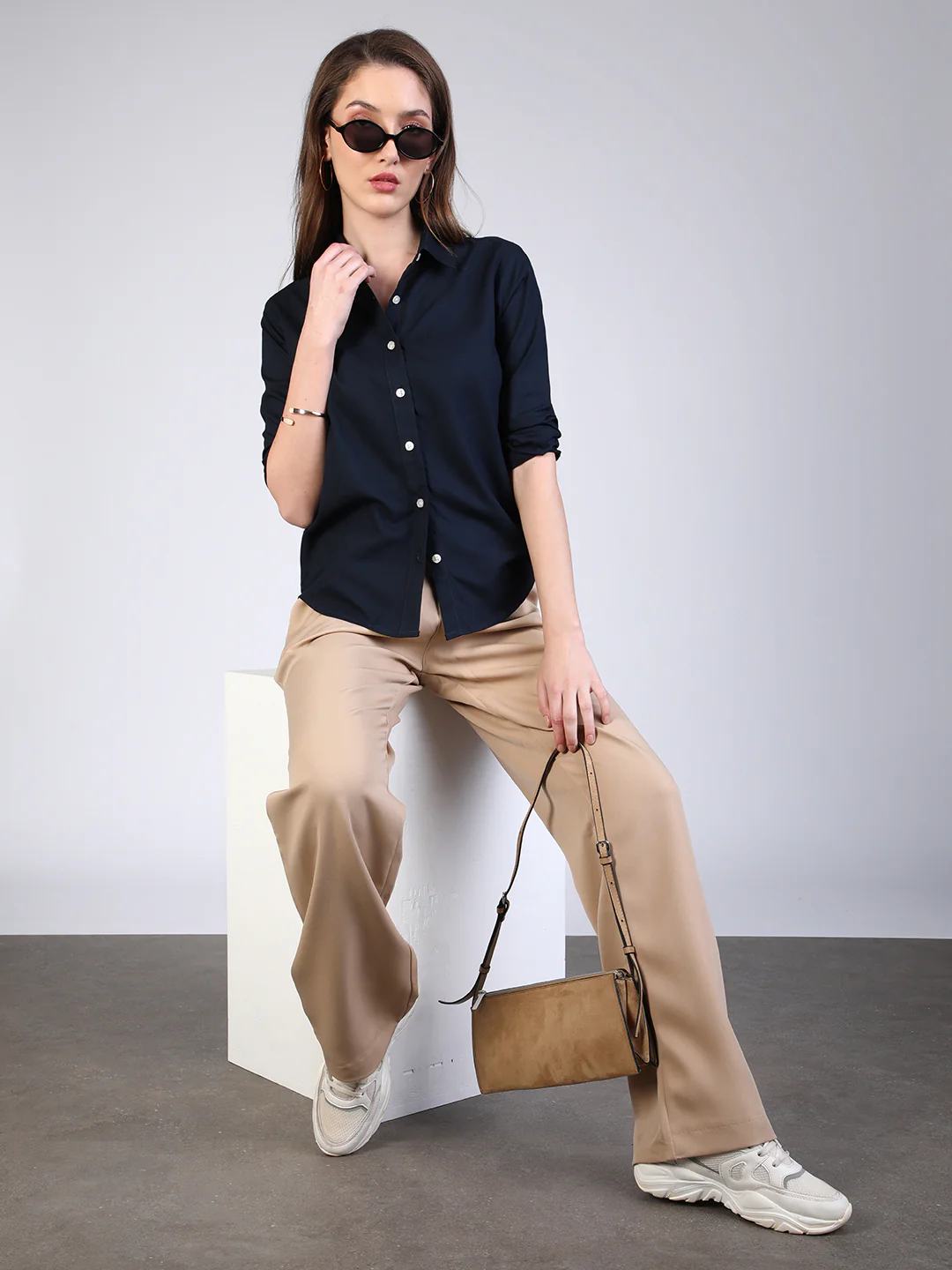 Women's Navy Modal Viscose Full Sleeve Regular Fit Casual Solid Shirt with Regular Collar - Image 5