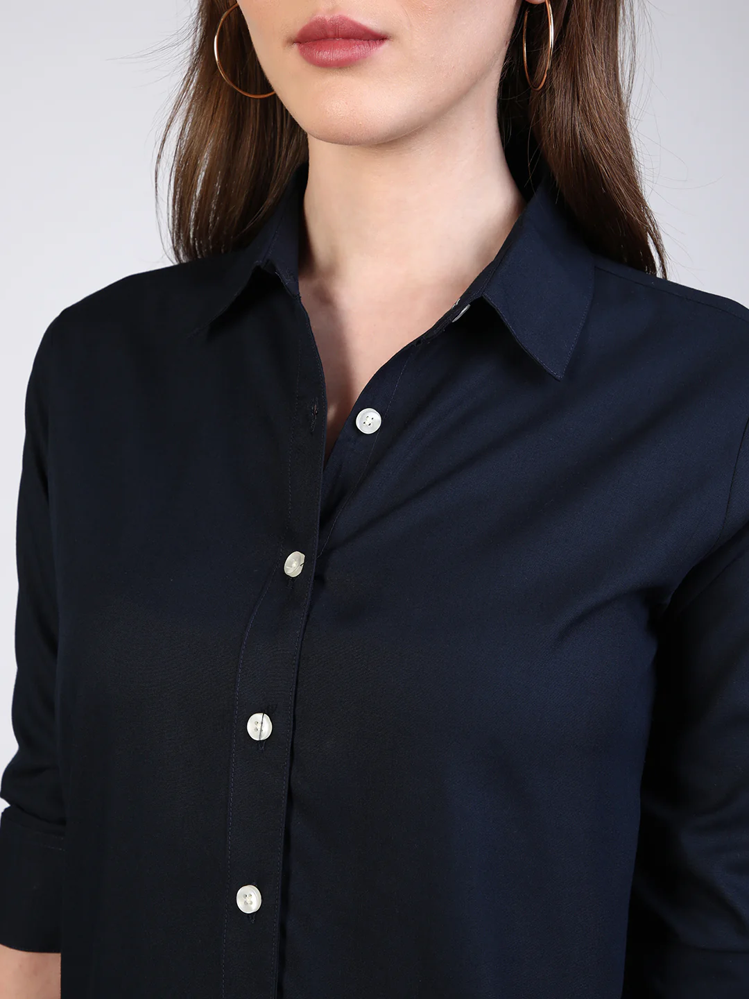 Women's Navy Modal Viscose Full Sleeve Regular Fit Casual Solid Shirt with Regular Collar - Image 6