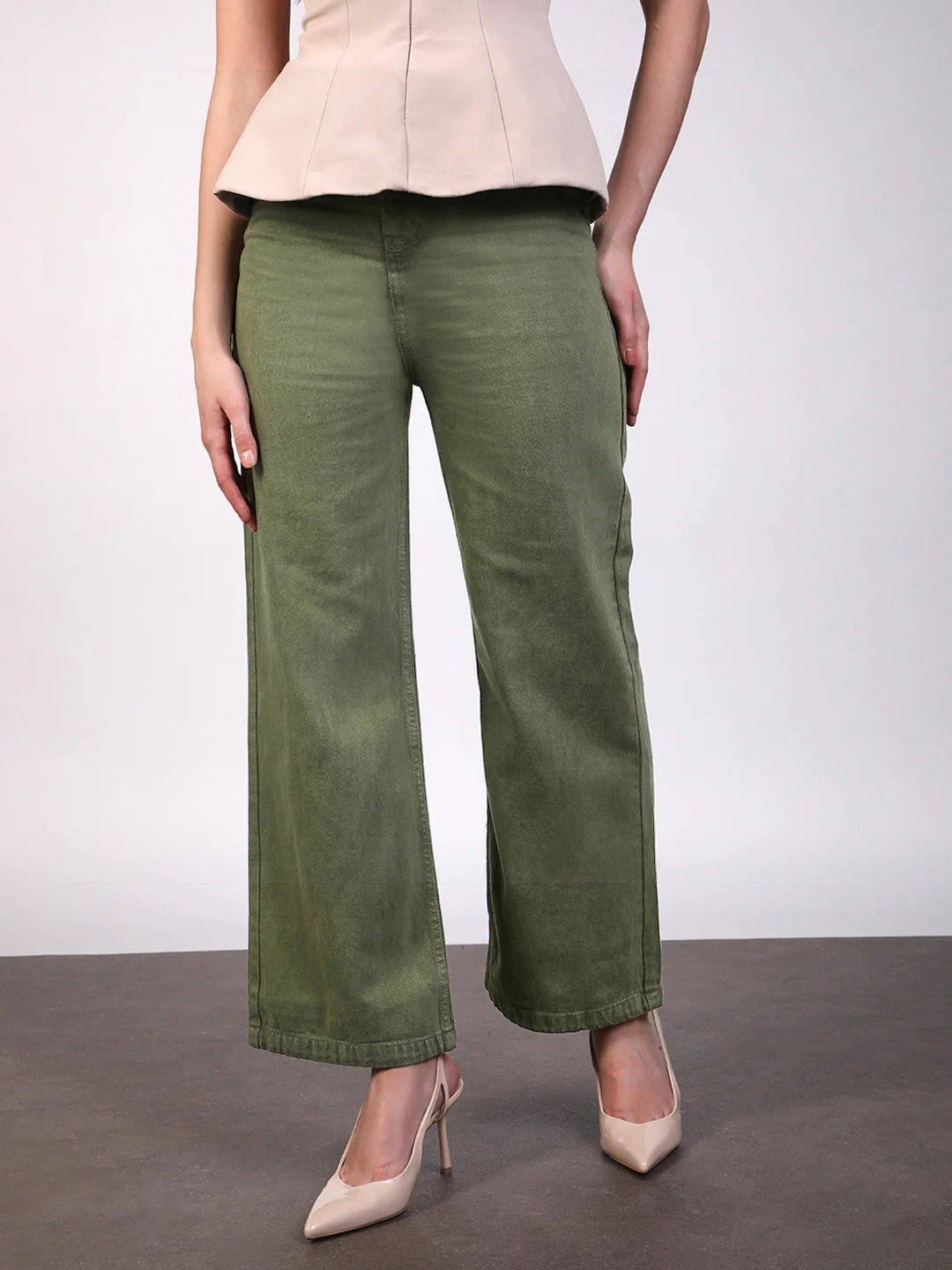 Women's Olive Green Wide Leg Fit Washed Jeans