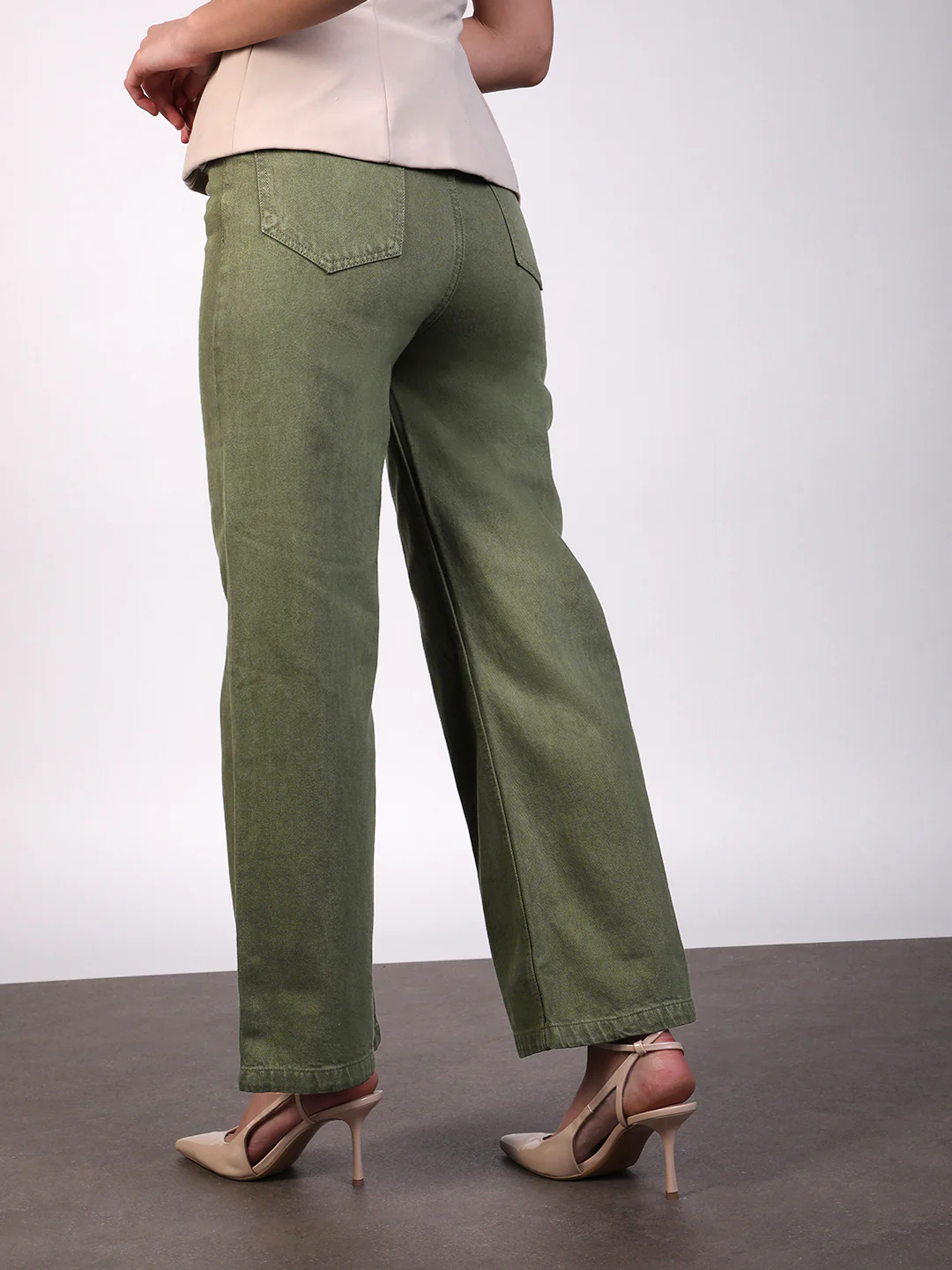 Women's Olive Green Wide Leg Fit Washed Jeans - Image 3