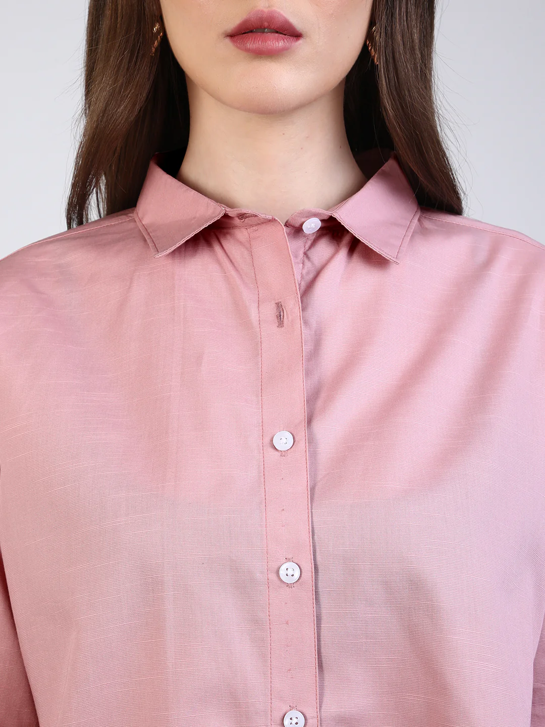 Women's Pink Cotton Full Sleeve Oversized Fit Casual Solid Slub Shirt with Spread Collar - Image 6