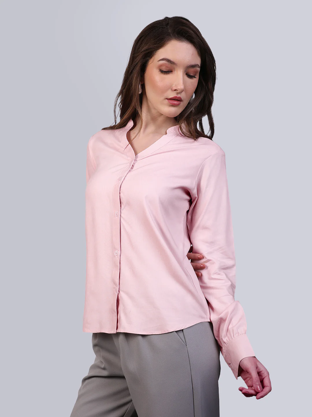 Women's Pink Modal Viscose Full Sleeve Regular Fit Casual Solid Shirt with Mandarin Collar - Image 2