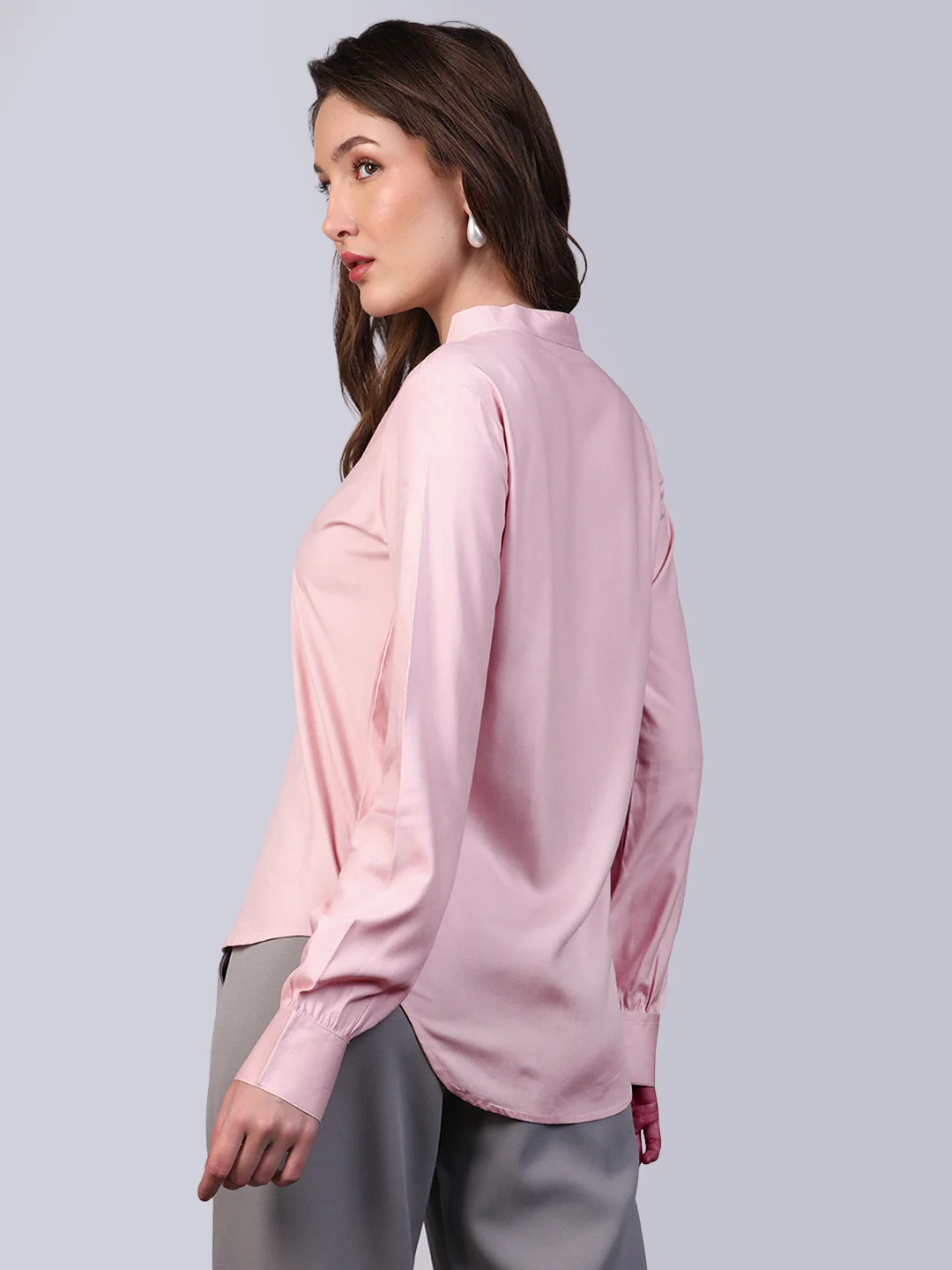 Women's Pink Modal Viscose Full Sleeve Regular Fit Casual Solid Shirt with Mandarin Collar - Image 3