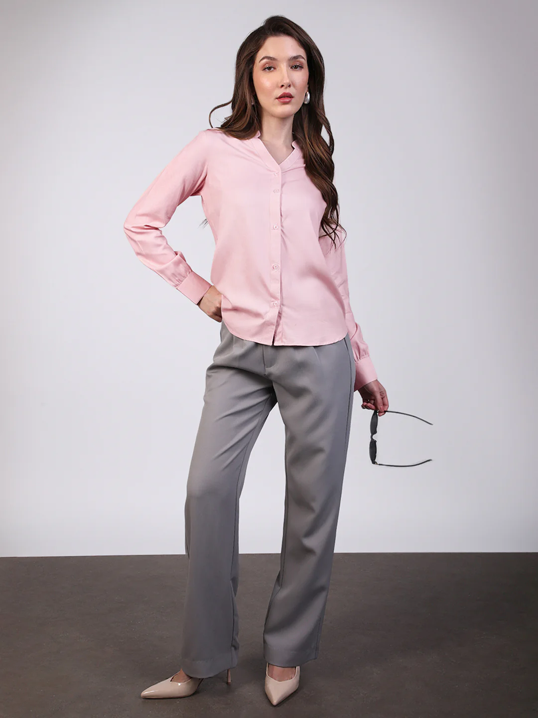 Women's Pink Modal Viscose Full Sleeve Regular Fit Casual Solid Shirt with Mandarin Collar - Image 4