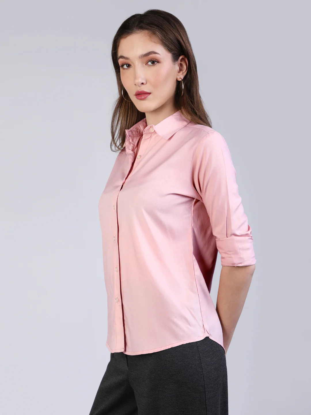 Women's Pink Modal Viscose Full Sleeve Regular Fit Casual Solid Shirt with Regular Collar - Image 3