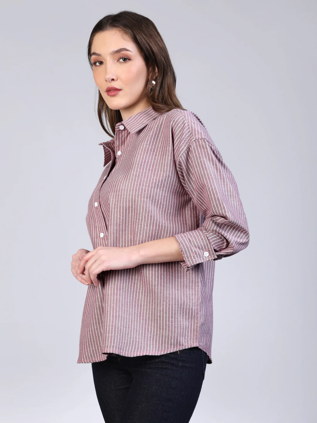 Women's Purple Cotton Full Sleeve Oversized Fit Casual Striped Shirt with Spread Collar - Image 3
