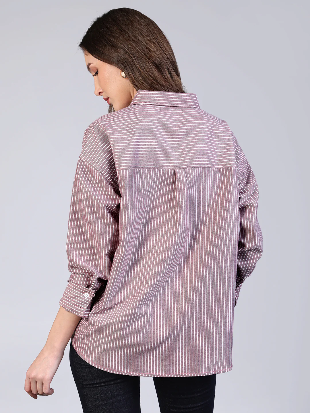 Women's Purple Cotton Full Sleeve Oversized Fit Casual Striped Shirt with Spread Collar - Image 4
