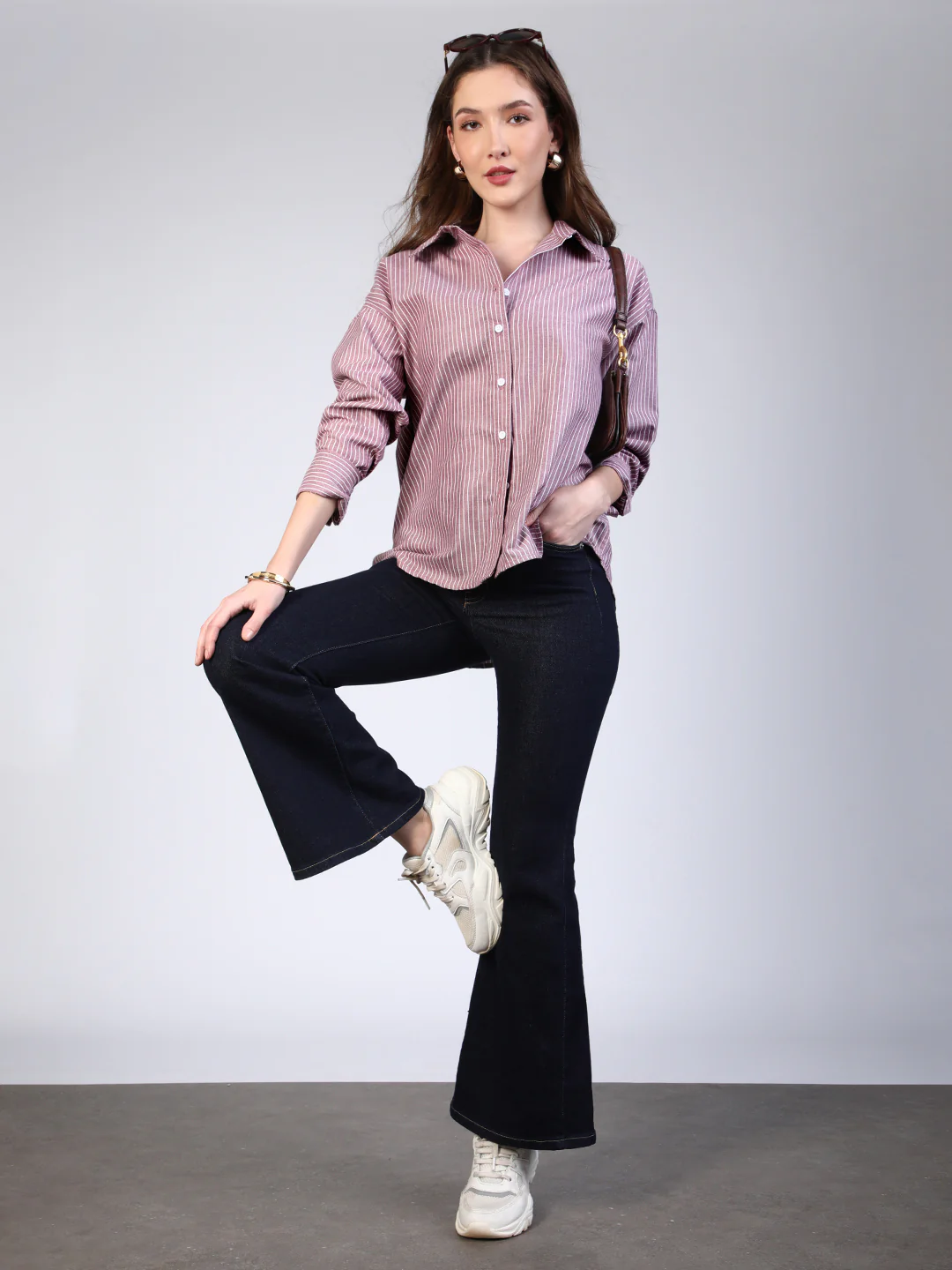 Women's Purple Cotton Full Sleeve Oversized Fit Casual Striped Shirt with Spread Collar - Image 5