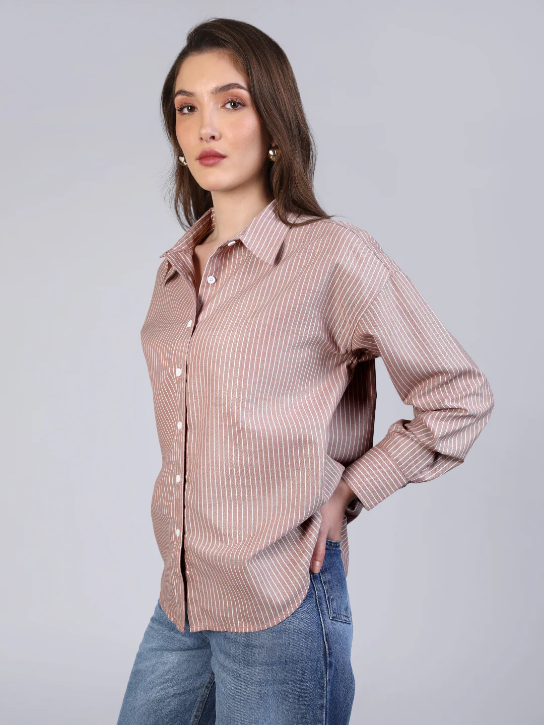 Women's Tan Cotton Full Sleeve Oversized Fit Casual Striped Shirt with Spread Collar - Image 3