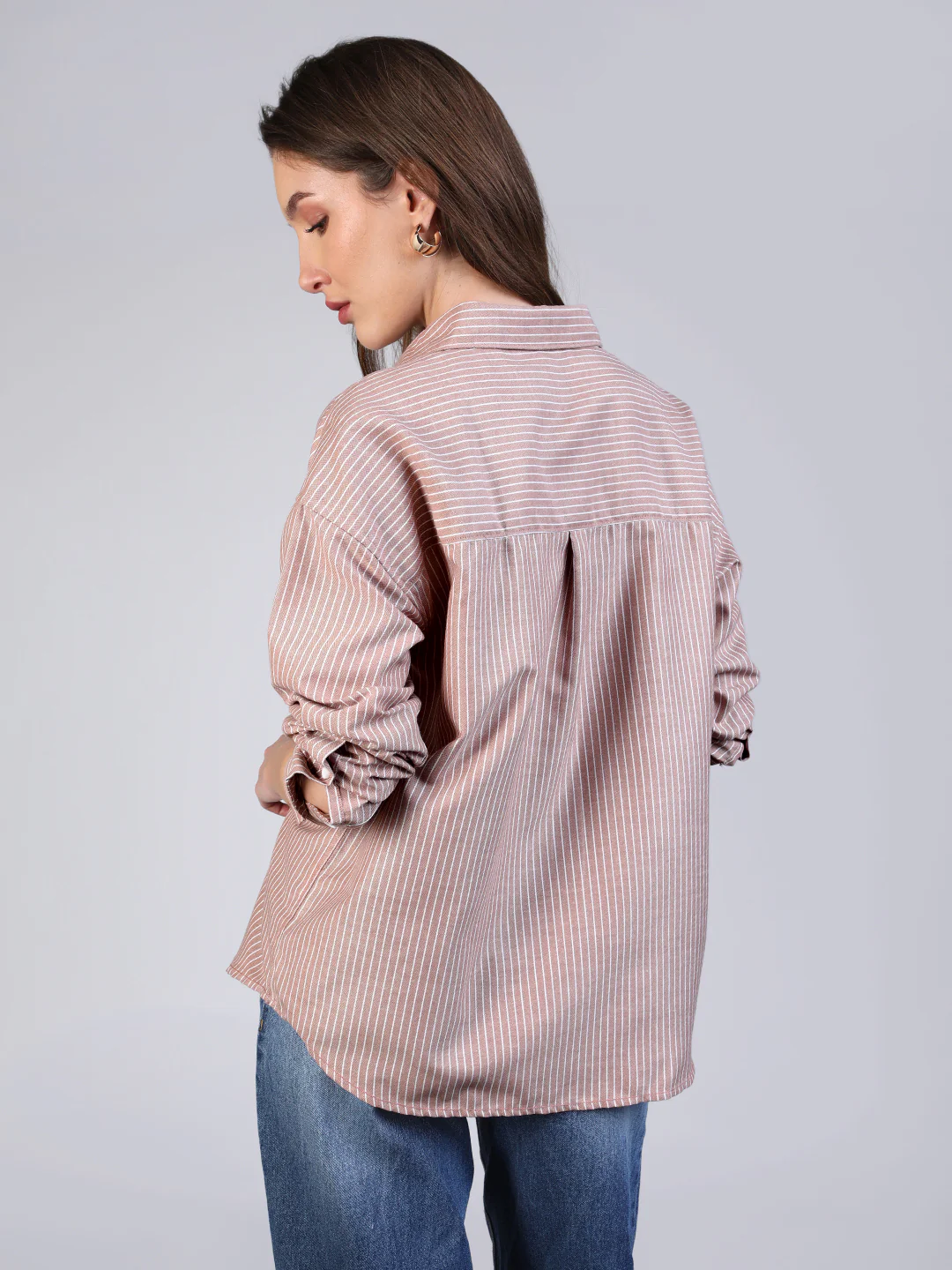 Women's Tan Cotton Full Sleeve Oversized Fit Casual Striped Shirt with Spread Collar - Image 4