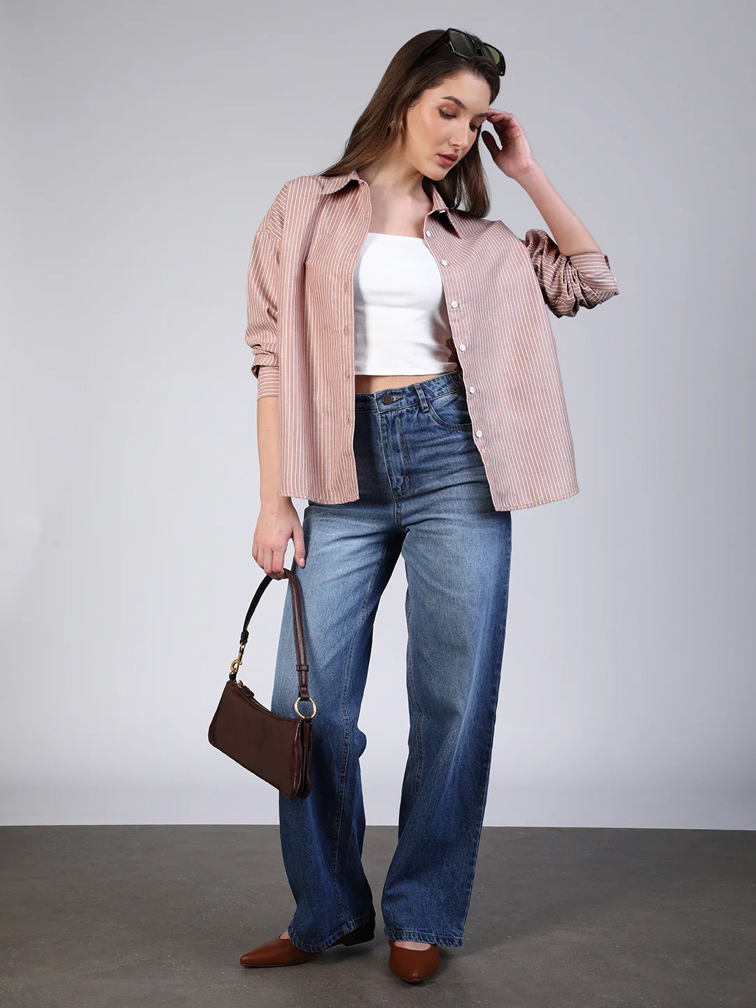 Women's Tan Cotton Full Sleeve Oversized Fit Casual Striped Shirt with Spread Collar - Image 5