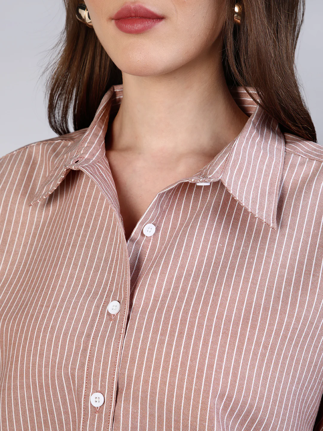 Women's Tan Cotton Full Sleeve Oversized Fit Casual Striped Shirt with Spread Collar - Image 6