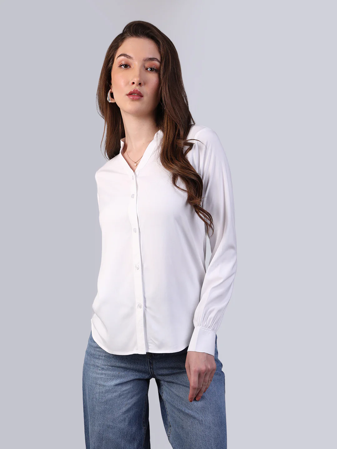 Women's White Modal Viscose Full Sleeve Regular Fit Casual Solid Shirt with Mandarin Collar - Image 2
