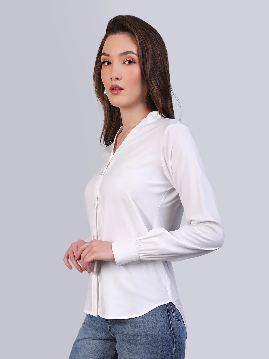 Women's White Modal Viscose Full Sleeve Regular Fit Casual Solid Shirt with Mandarin Collar - Image 3
