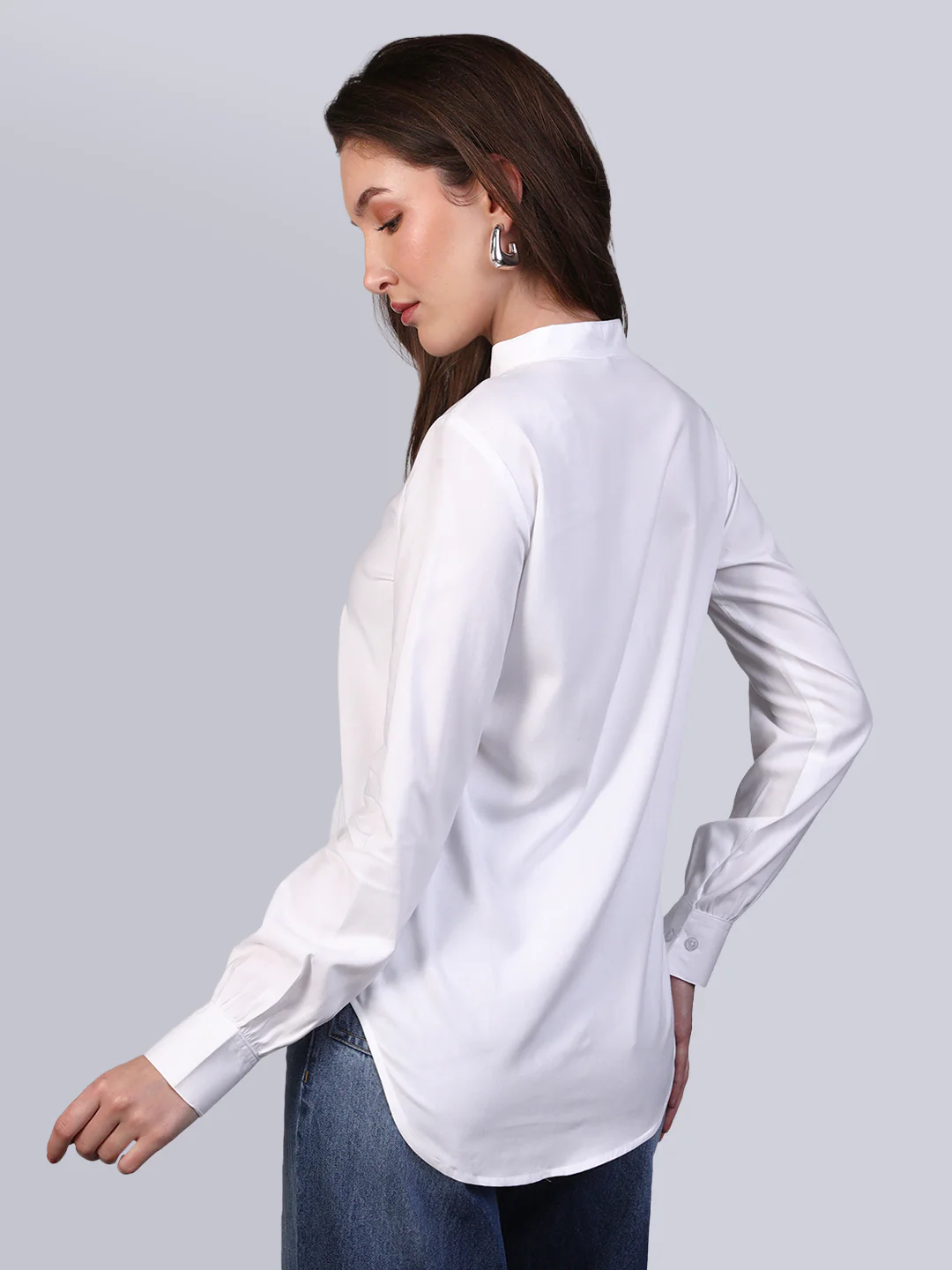Women's White Modal Viscose Full Sleeve Regular Fit Casual Solid Shirt with Mandarin Collar - Image 4