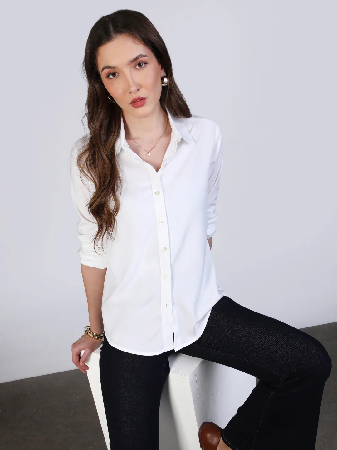 Women's White Modal Viscose Full Sleeve Regular Fit Casual Solid Shirt with Regular Collar - Image 2