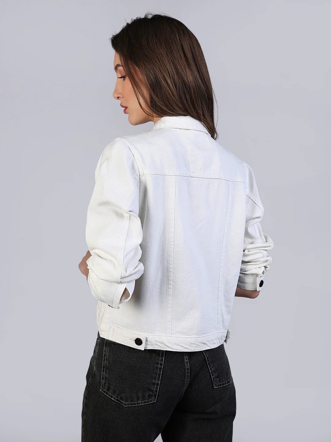 Women's White Regular Fit Washed Full Sleeve Denim Jacket - Image 3