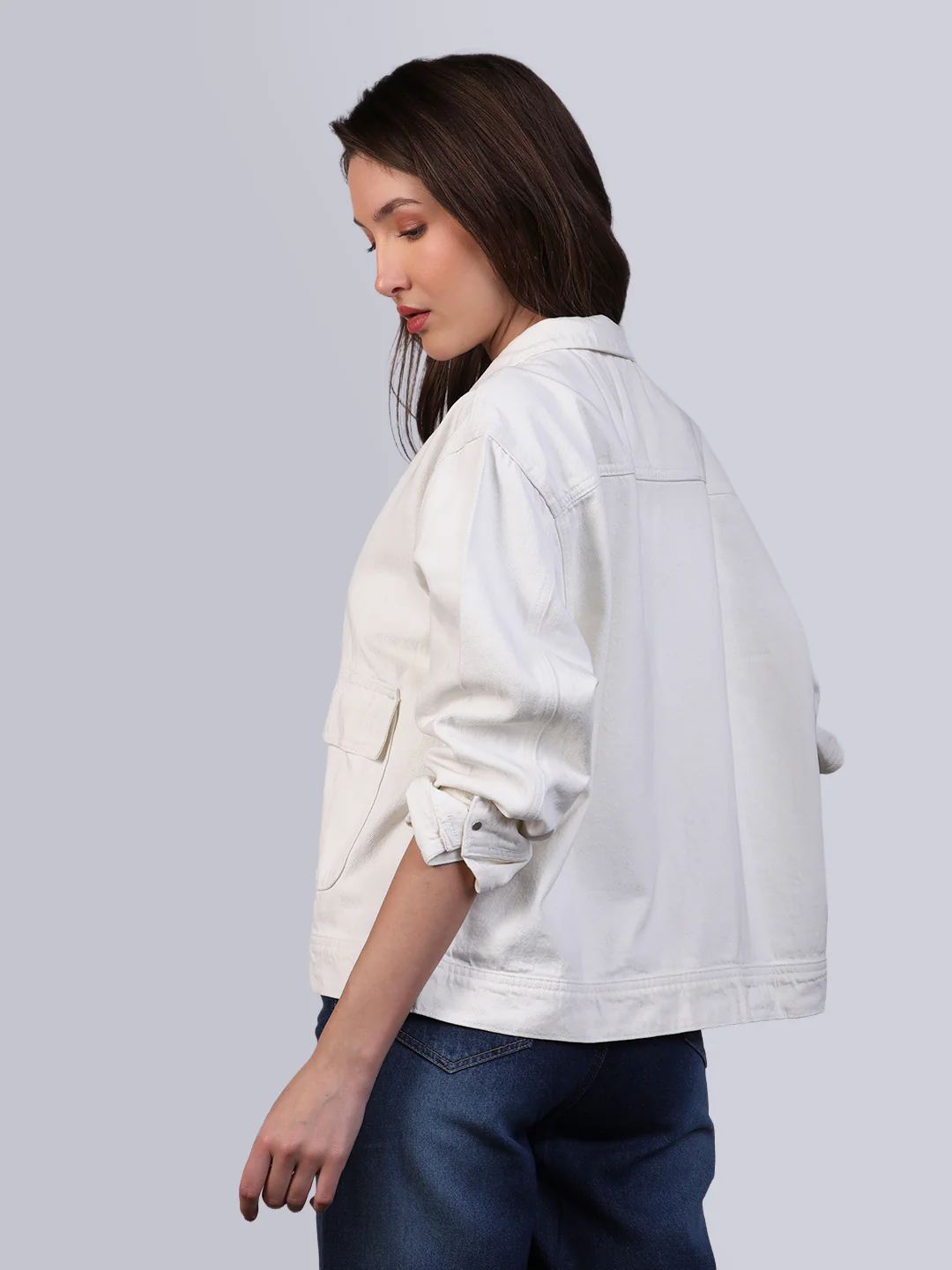 Women's White Relaxed Fit Full Sleeve Utility Denim Jacket - Image 3