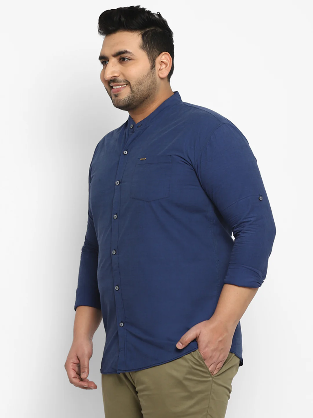 Plus Men Blue Solid Cotton Casual Shirt - Image 2