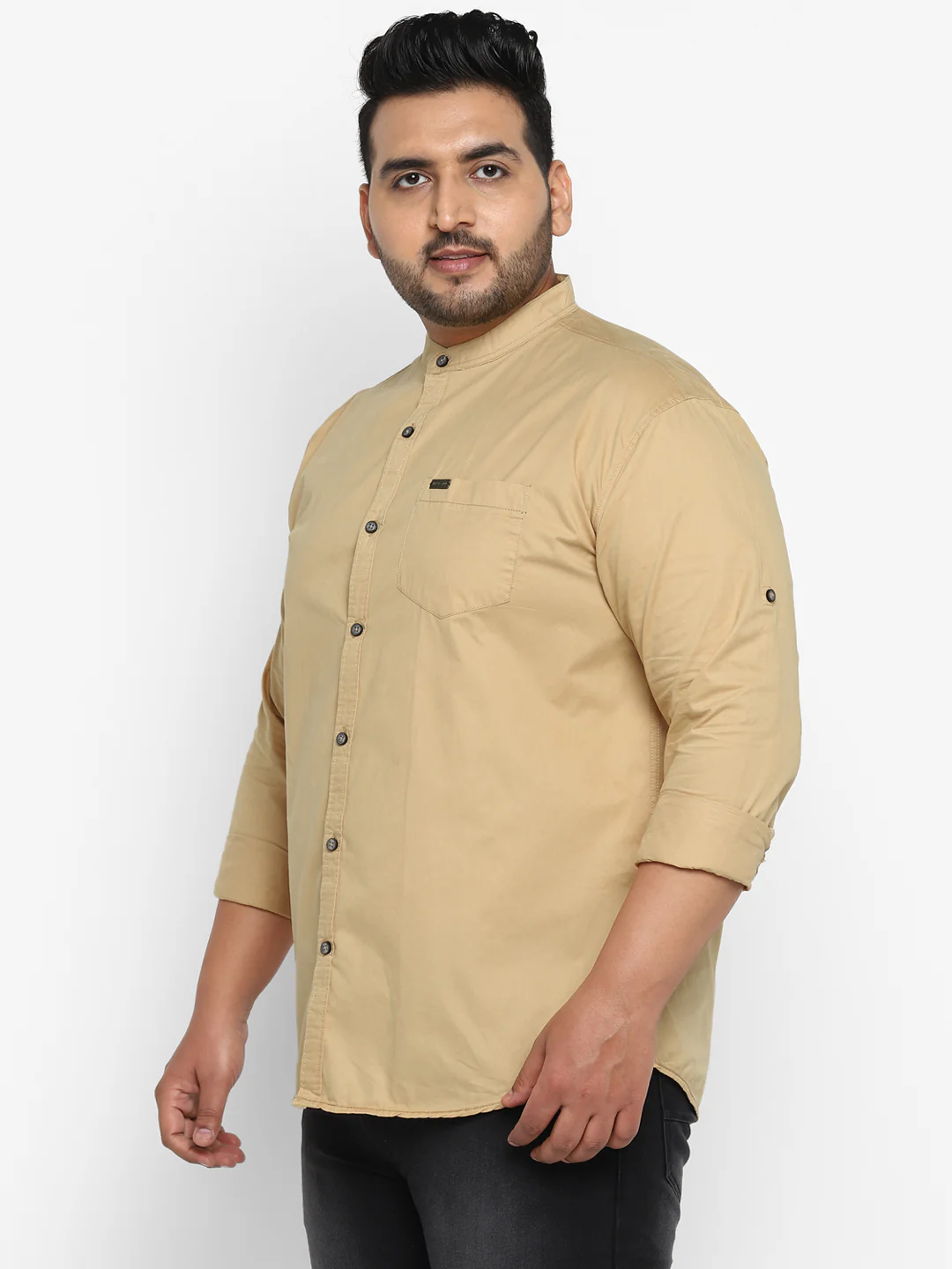 Plus Men Khaki Solid Cotton Casual Shirt - Image 2