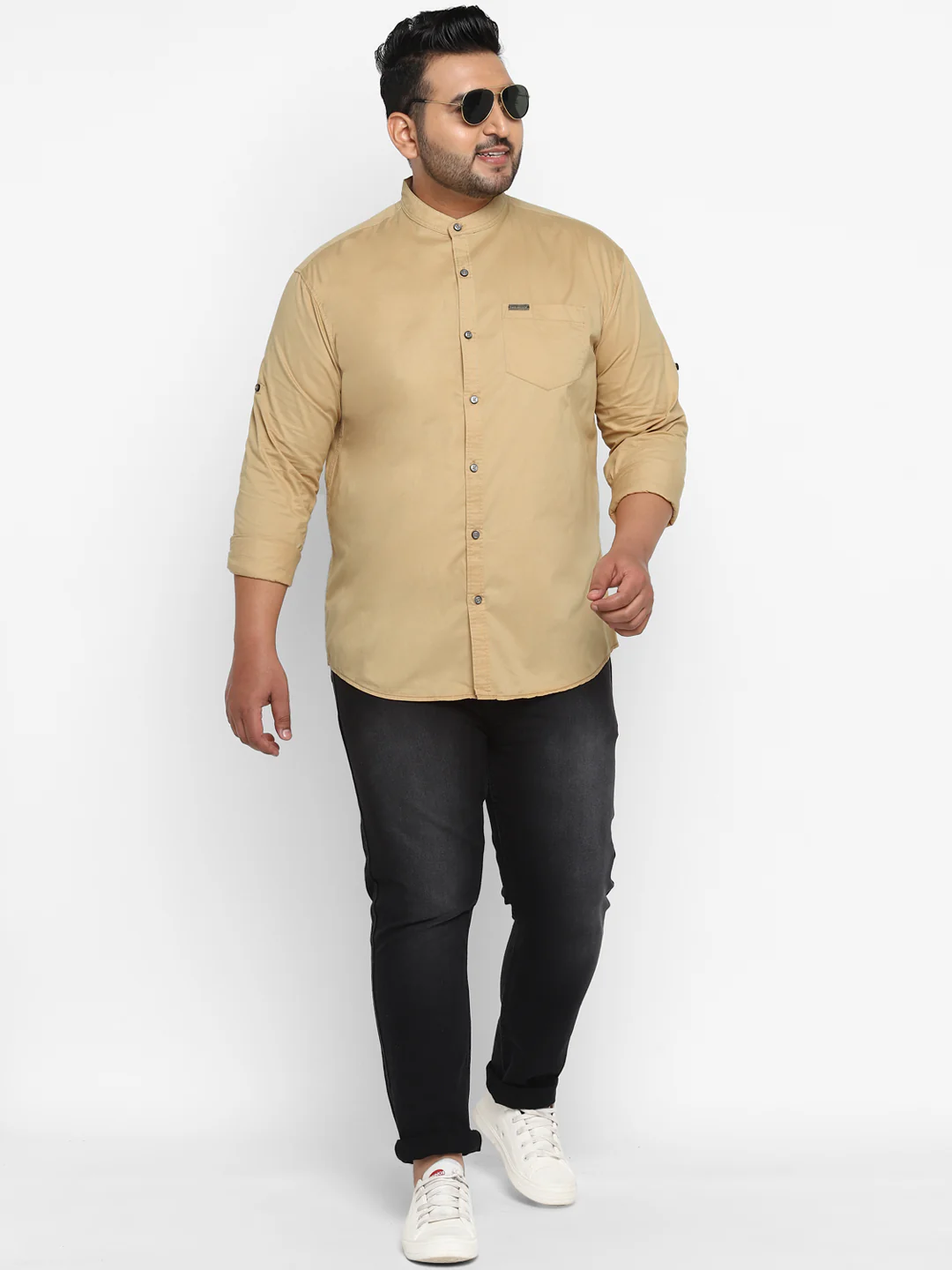 Plus Men Khaki Solid Cotton Casual Shirt - Image 4
